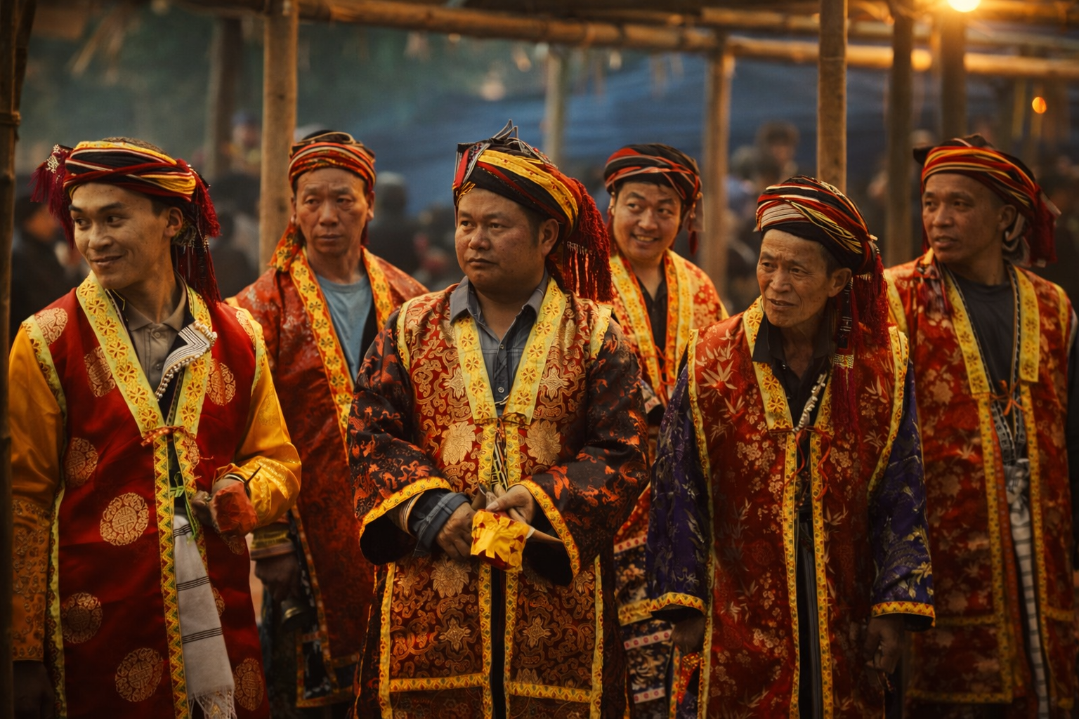 Red Dao participants wearing embroidered ceremonial robes during a Cấp Sắc initiation ritual in Sa Pa, northern Vietnam.