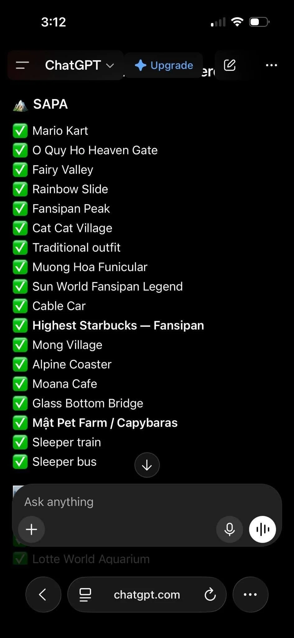AI-generated Sa Pa itinerary listing popular attractions including Fansipan, Cat Cat Village, Sun World, cafés, a glass bridge and other commercial activities.