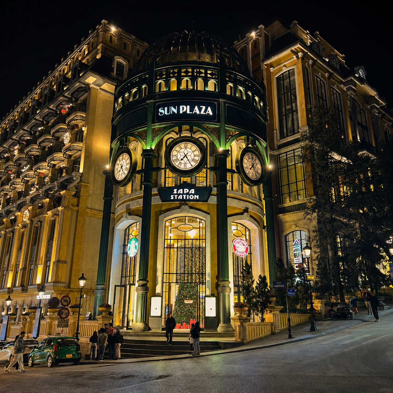 Sun Plaza and Sapa Station illuminated at night with French-inspired architecture in central Sapa.