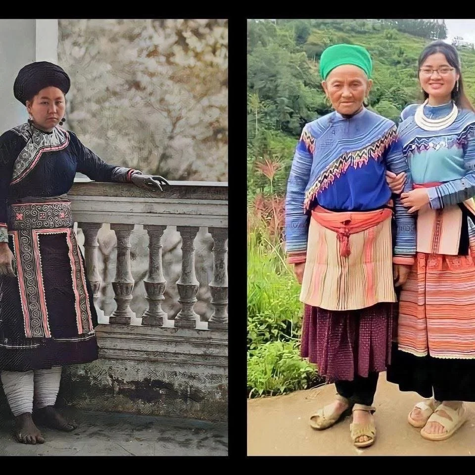 Two Hmong people in a village setting wearing older traditional clothing and modern everyday dress, representing generational change.
