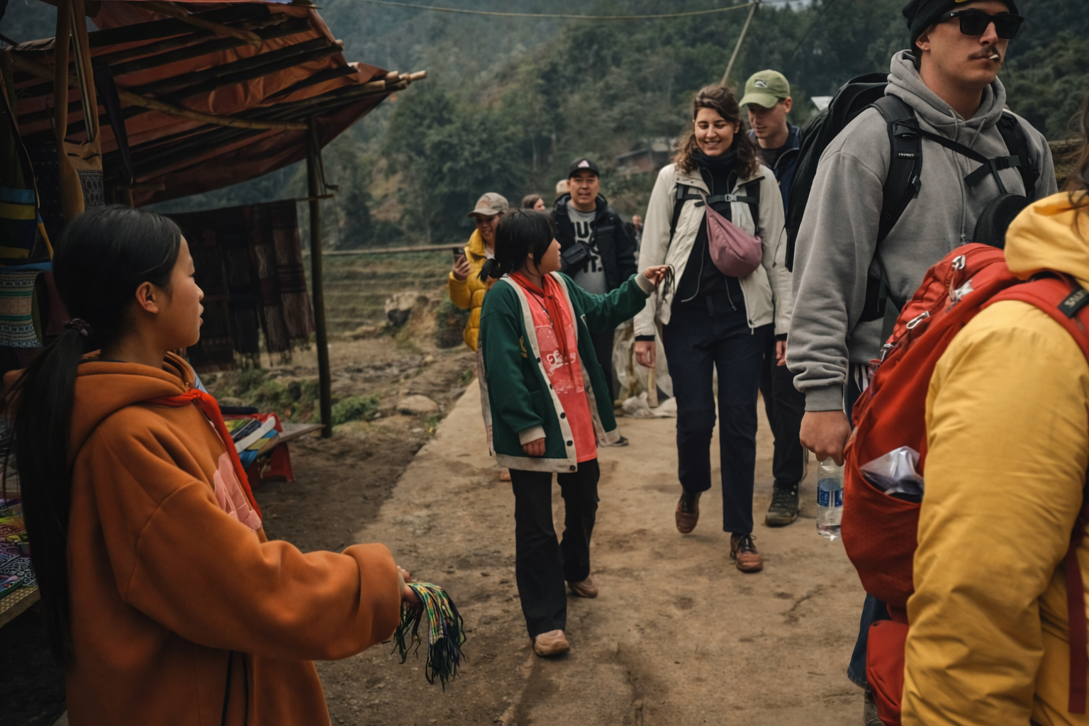 Large group of tourists walking the popular Sapa to Ta Van trekking route, passing local sellers along a crowded trail shaped by mass tourism