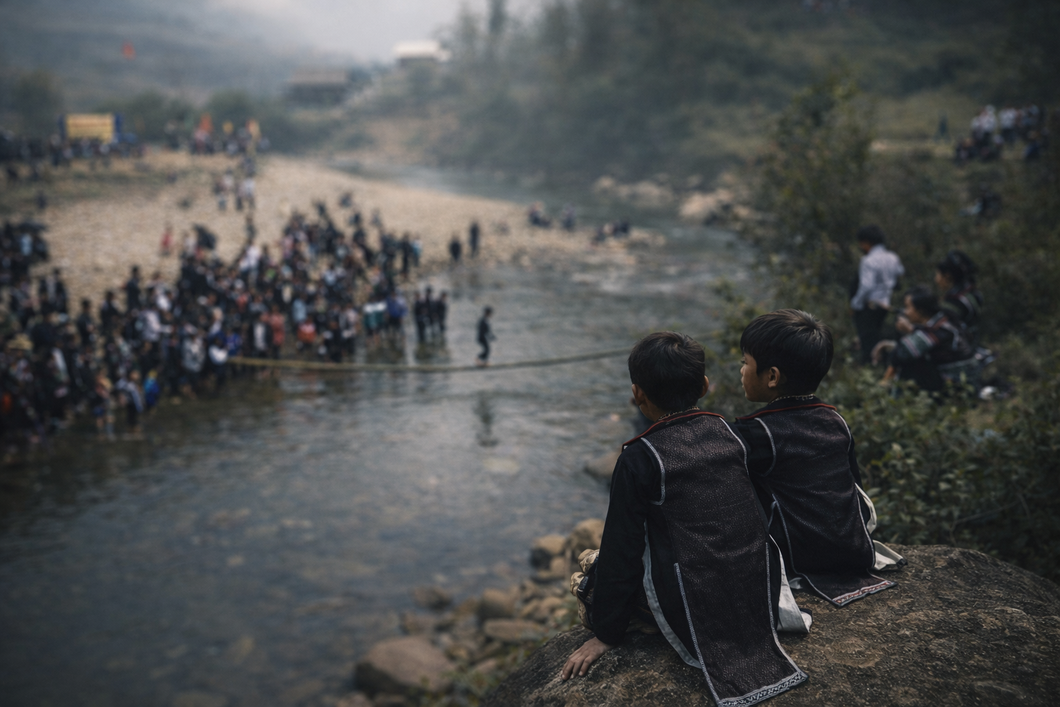 People gathering in a village during a rainy day in Sapa, northern Vietnam.
