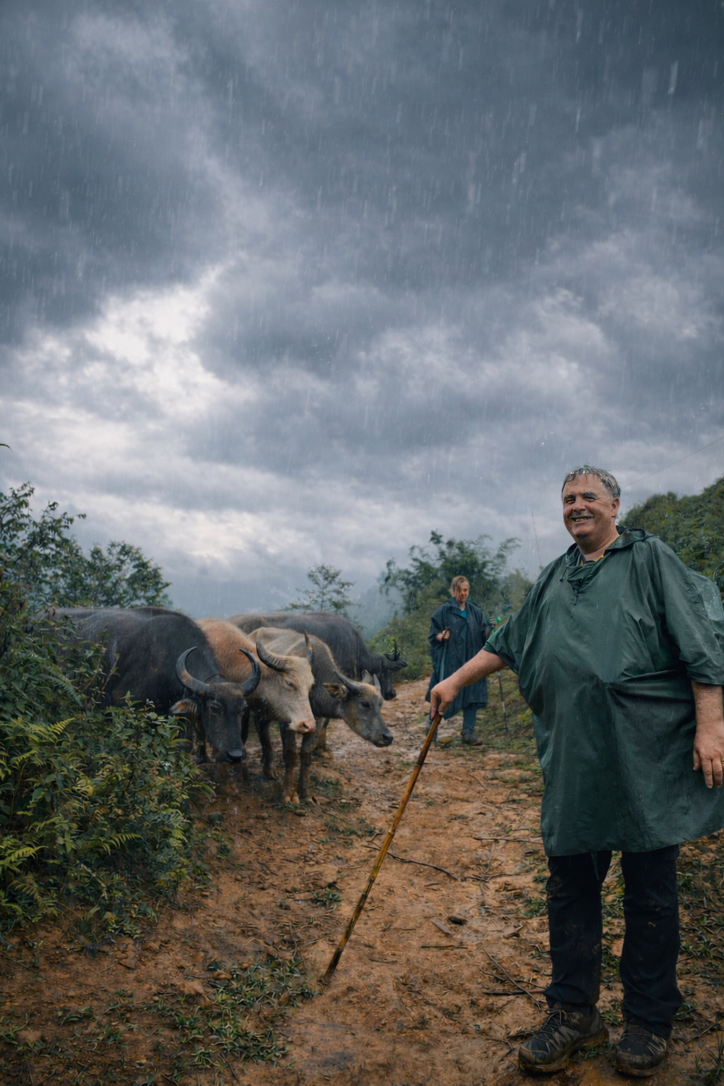 Trekkers walking along a muddy trail in Sapa, Vietnam during heavy summer rain, with water buffalo beside the path under dark storm clouds.