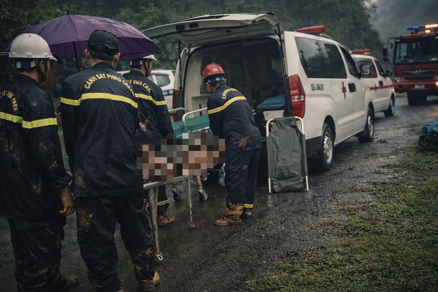 Emergency responders assisting an injured person at a motorbike accident scene in Ha Giang, Vietnam