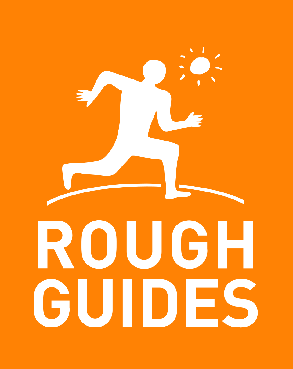 An orange background with a white silhouette of a climber ascending a rough terrain, with a small sun or sun-like icon in the top right corner. Text reads "Rough Guides" in bold white letters.