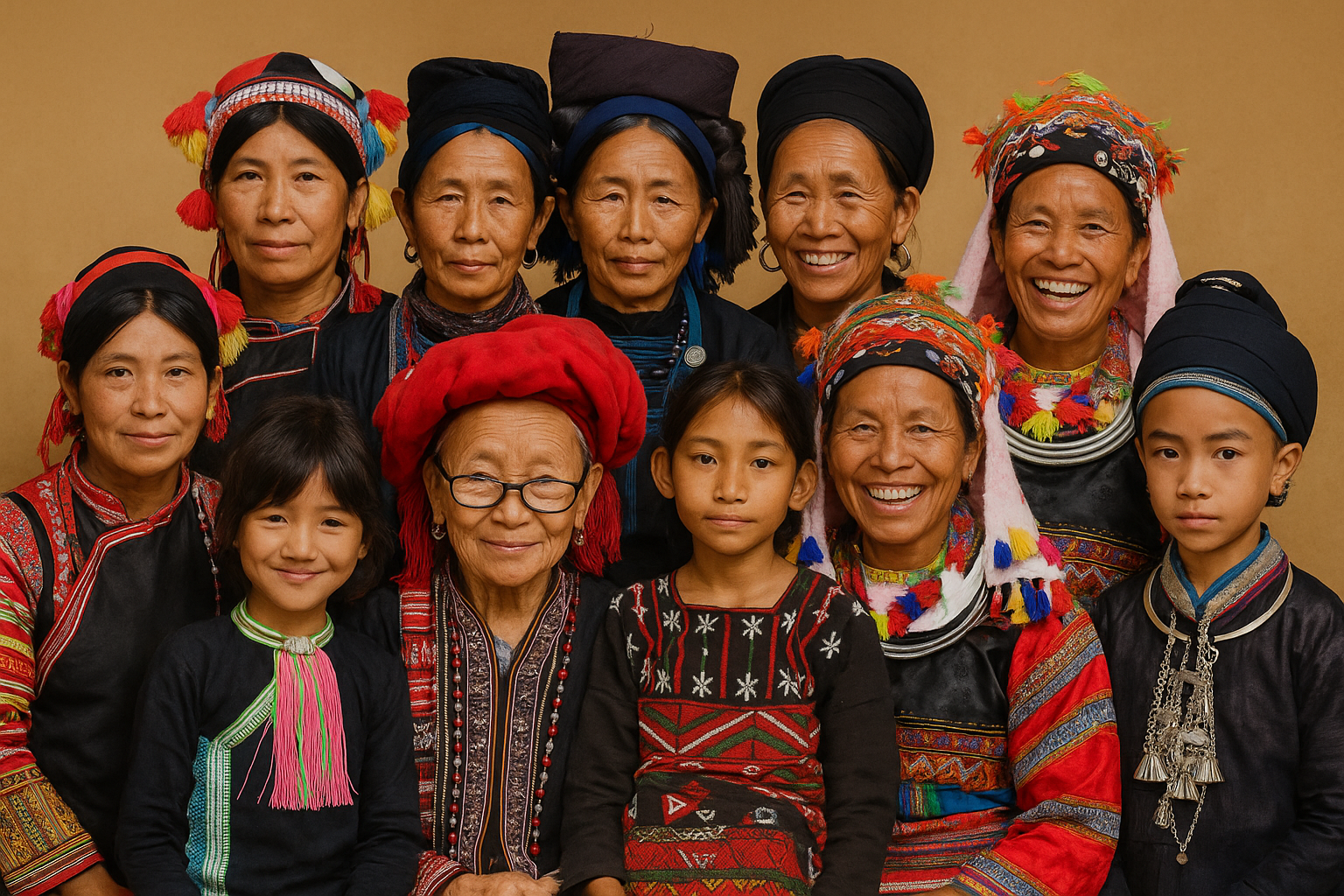 Group of people in traditional colorful clothing and headwear, smiling and posing for a photo indoors.