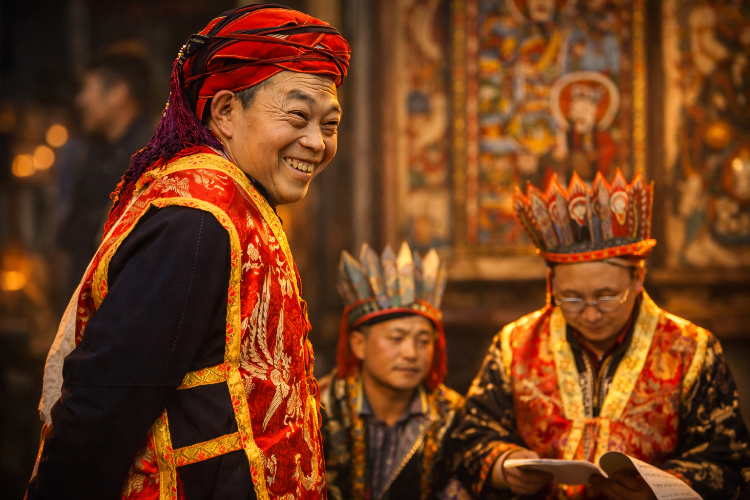 * Red Dao shaman in ceremonial robes smiling during a Cấp Sắc initiation ceremony while fellow ritual specialists read sacred texts in Sa Pa, northern Vietnam.