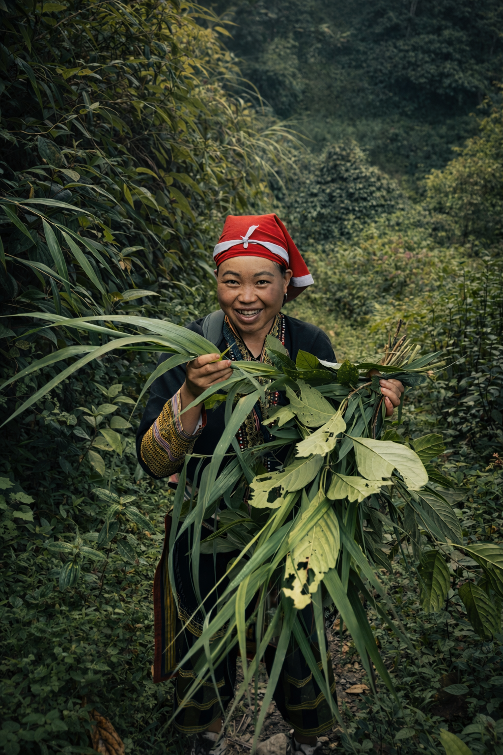 Dao guide showing travellers how to forage for edible plants along a forest trail in Sapa.
