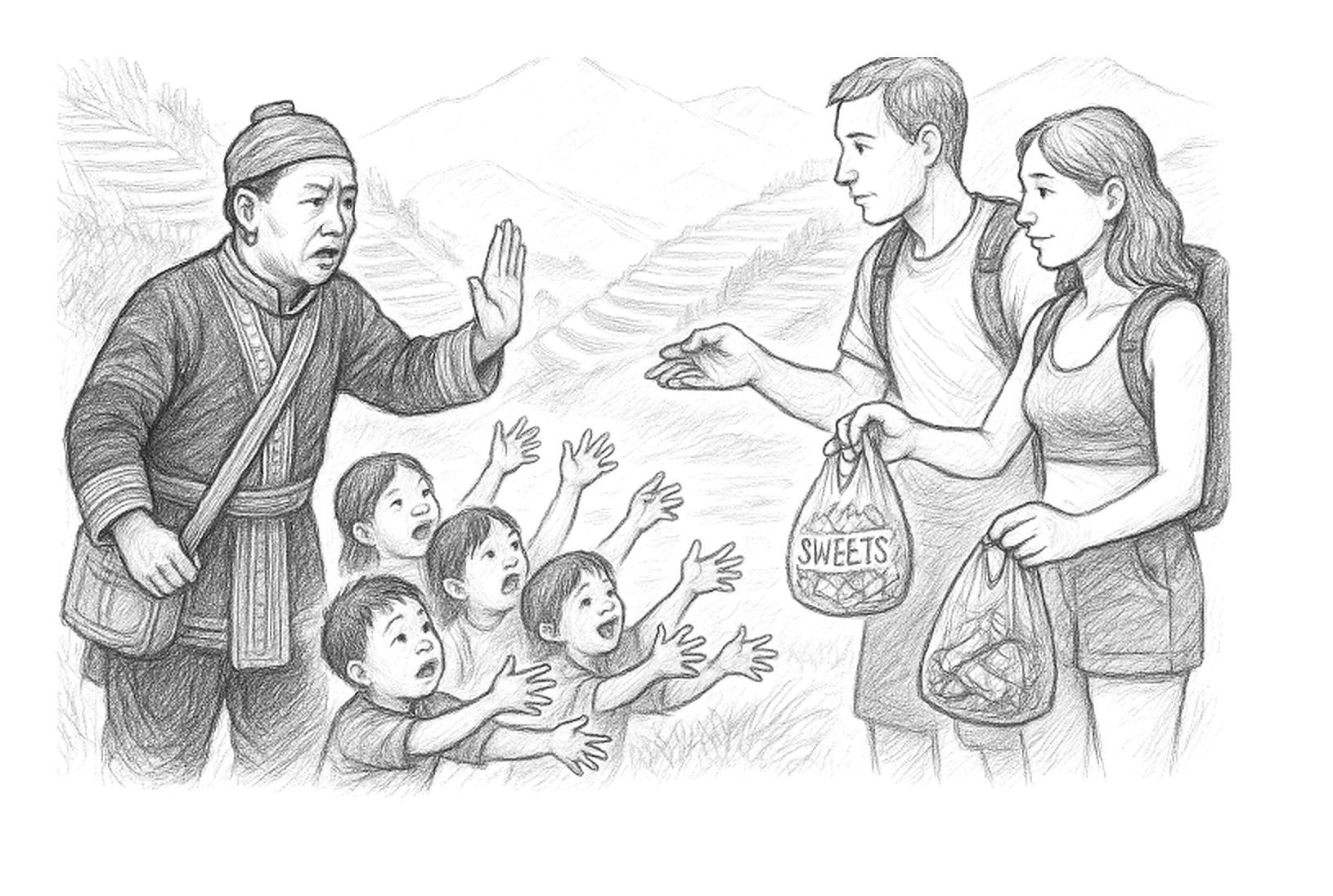 Sketch of a woman with long hair and a backpack handing out candy to children reaching out to her. An elder woman with short hair and a head covering is holding up a hand in front of a man, woman, and children in a rural landscape with mountains in the background.