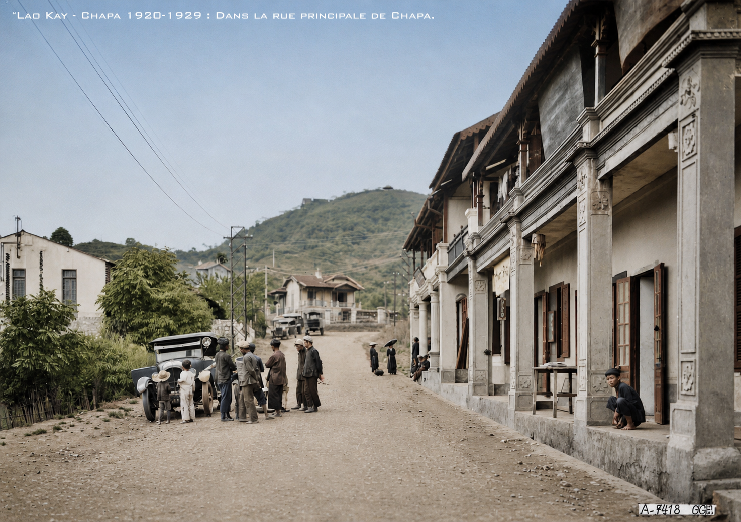 Recoloured historical photograph of the Hotel du Fansipan on present-day Cầu Mây Street in colonial-era Sapa, northern Vietnam.