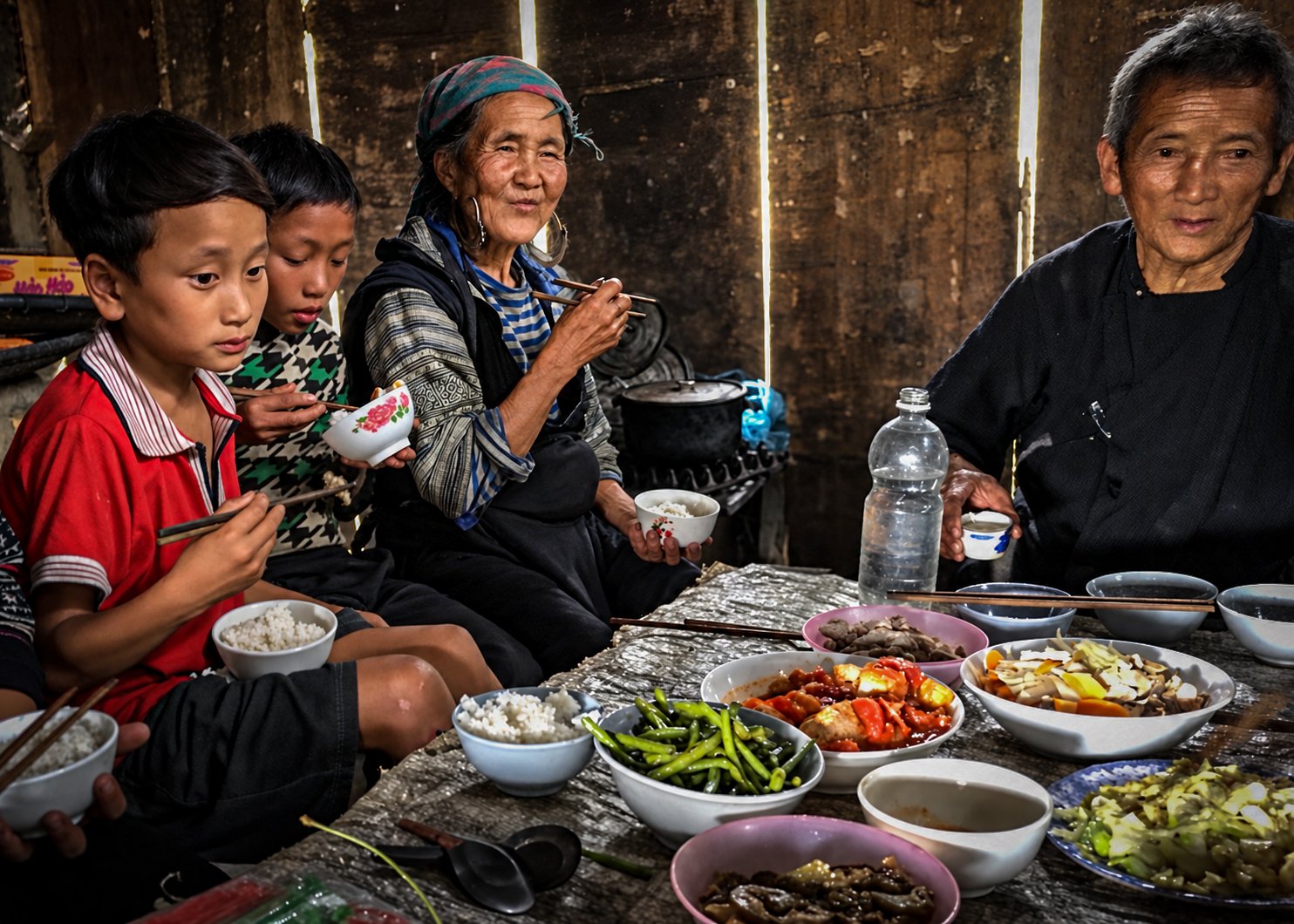 Children and older adults sharing rice and dishes around a low wooden table inside a Hmong home.