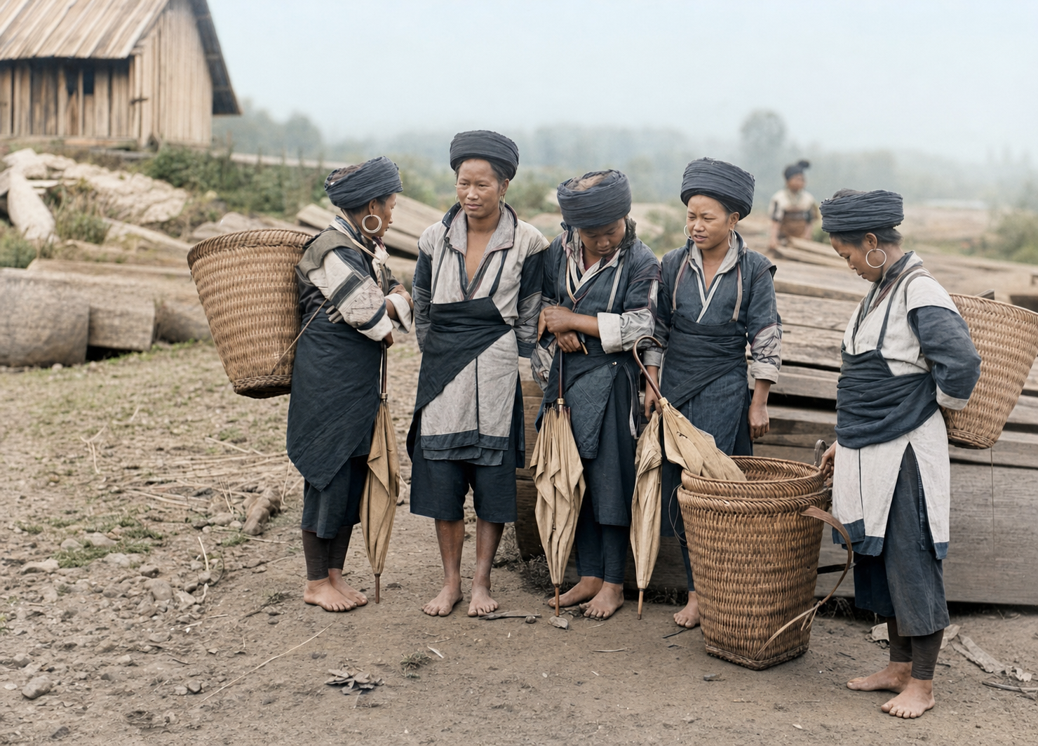 Recoloured historical photograph of Hmong women standing beside woven baskets on a street in Sapa during the French colonial period.