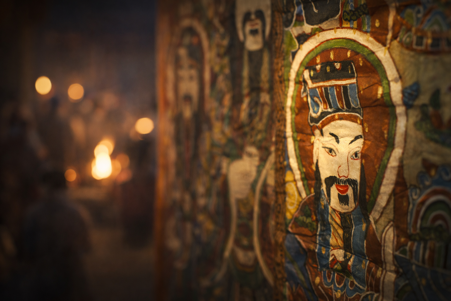 Traditional Dao spirit deity painting illuminated by candlelight during a Cấp Sắc ceremony in northern Vietnam.