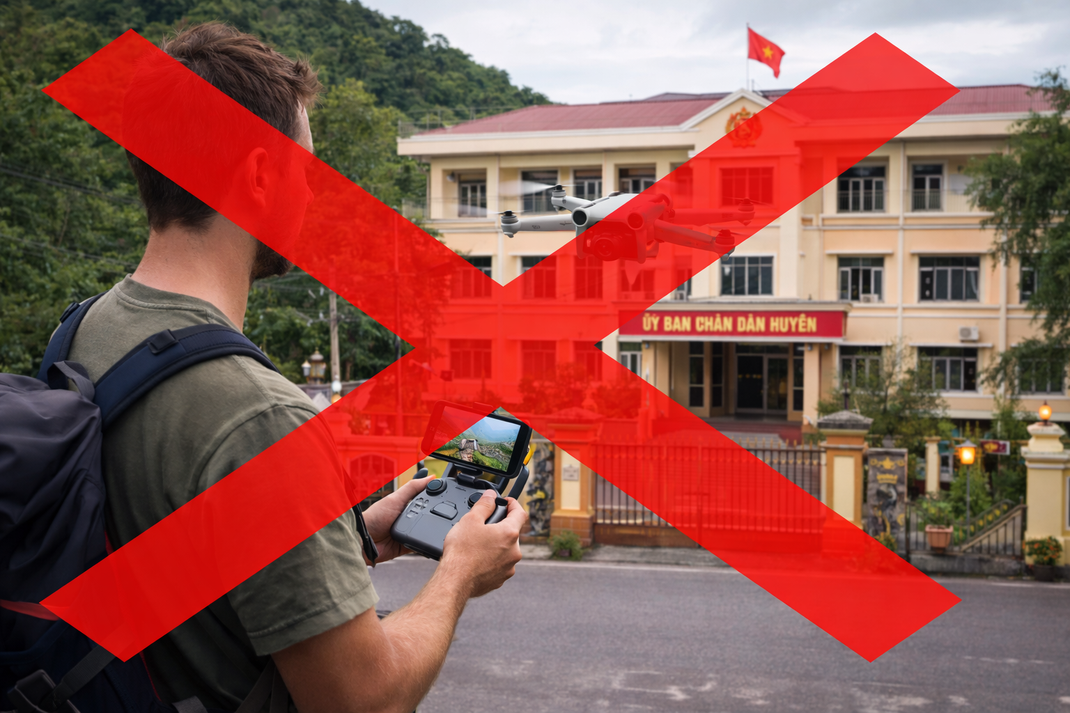 A man operating a drone with a remote control in front of a government building with a red sign and a Chinese flag, overlaid with a red 'X' mark.