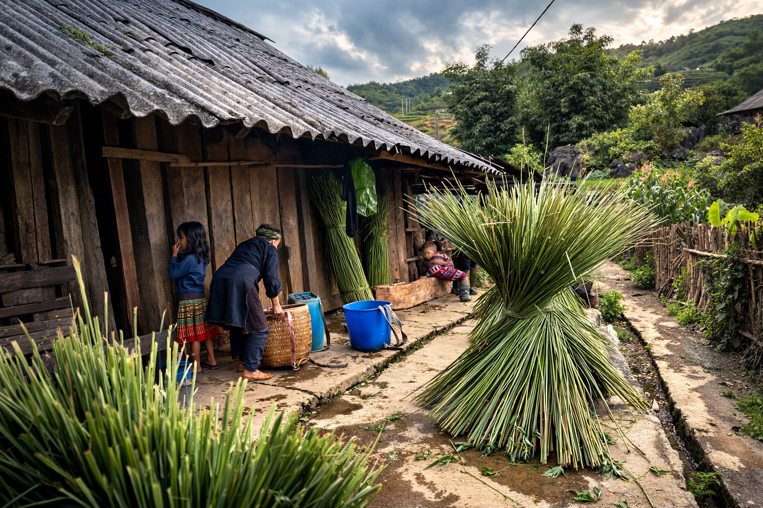 Bundles of hemp drying outside a traditional Hmong house in a mountain village near Sapa.