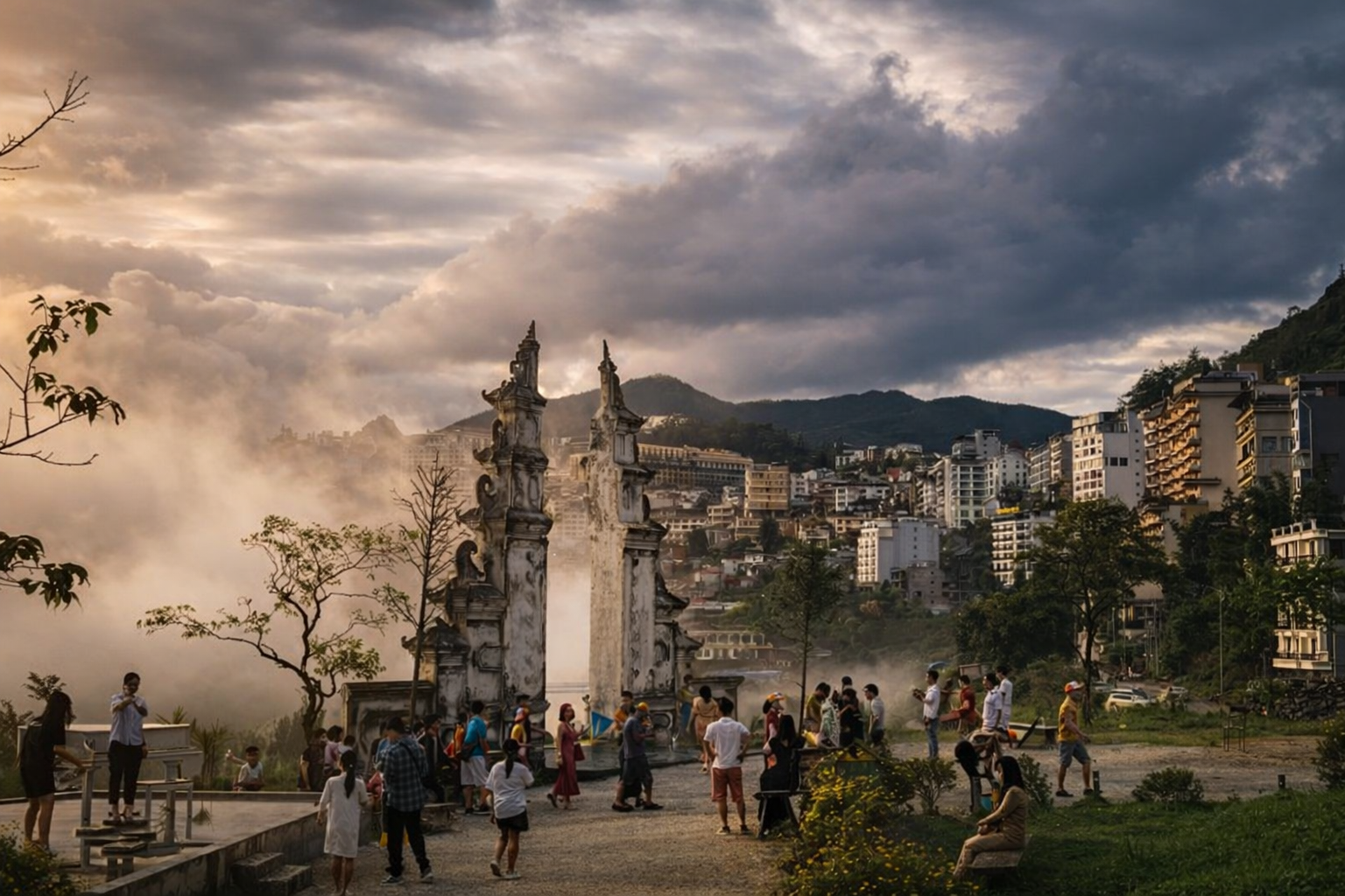 A busy square in Sapa town with people gathering around a monument, surrounded by mist, mountains, and growing urban buildings at dusk.