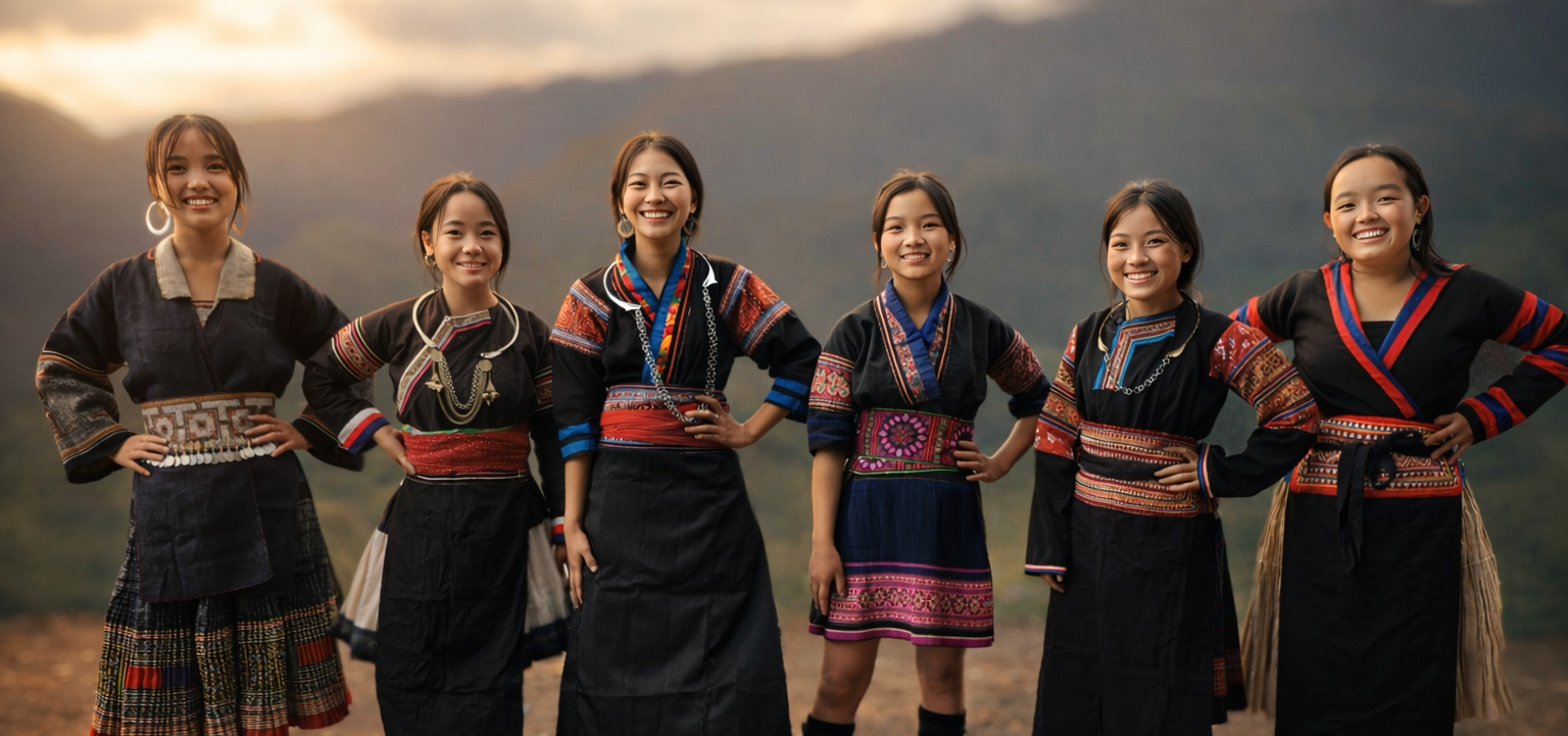 Women from different ethnic groups in Northern Vietnam wearing traditional clothing against a mountain landscape.