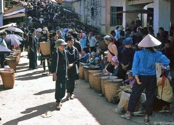 Photograph of Sapa Market in 1992 showing local traders and ethnic minority communities during the early return of tourism to northern Vietnam.