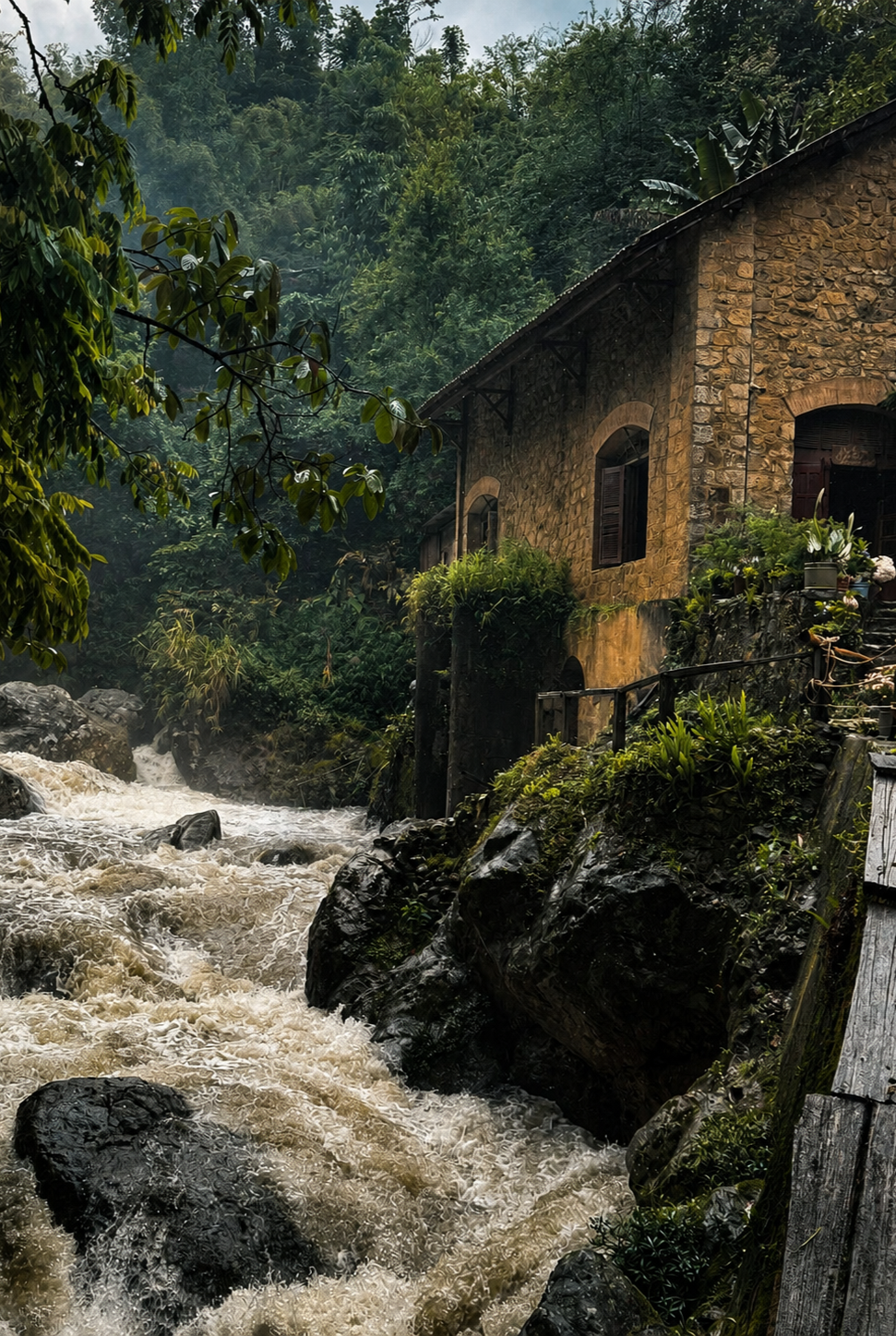 Photograph of the former colonial hydroelectric station beside a mountain stream in Cát Cát village near Sapa, taken in 2026.