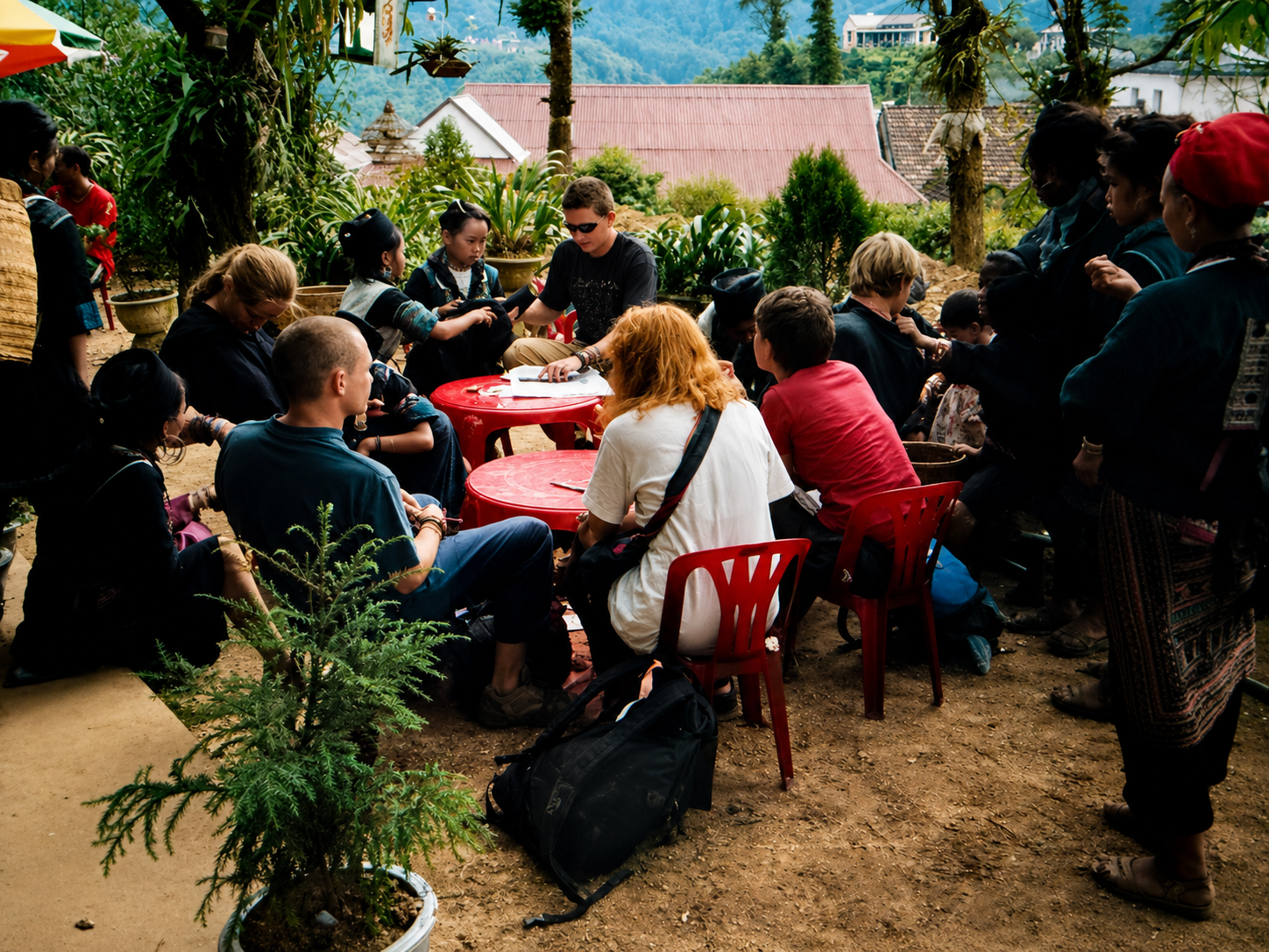 Frontier research team sharing a meal in Sapa, northern Vietnam, in 1998.