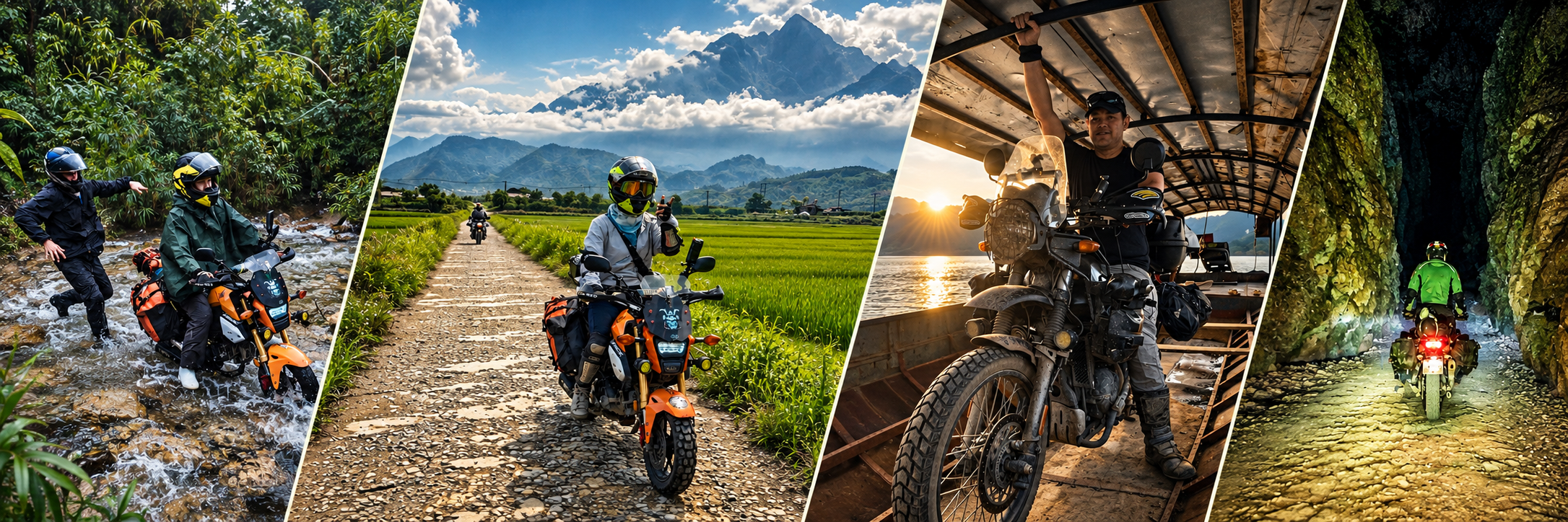 ETHOS motorbike adventure montage showing riders crossing a rocky stream, travelling through rice fields beneath mountains, boarding a river ferry and exploring a limestone cave in northern Vietnam.