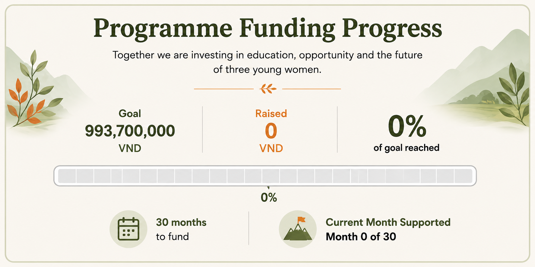 ETHOS Apprenticeship Programme funding tracker showing a goal of 993,700,000 VND, zero raised and 30 months still to fund.