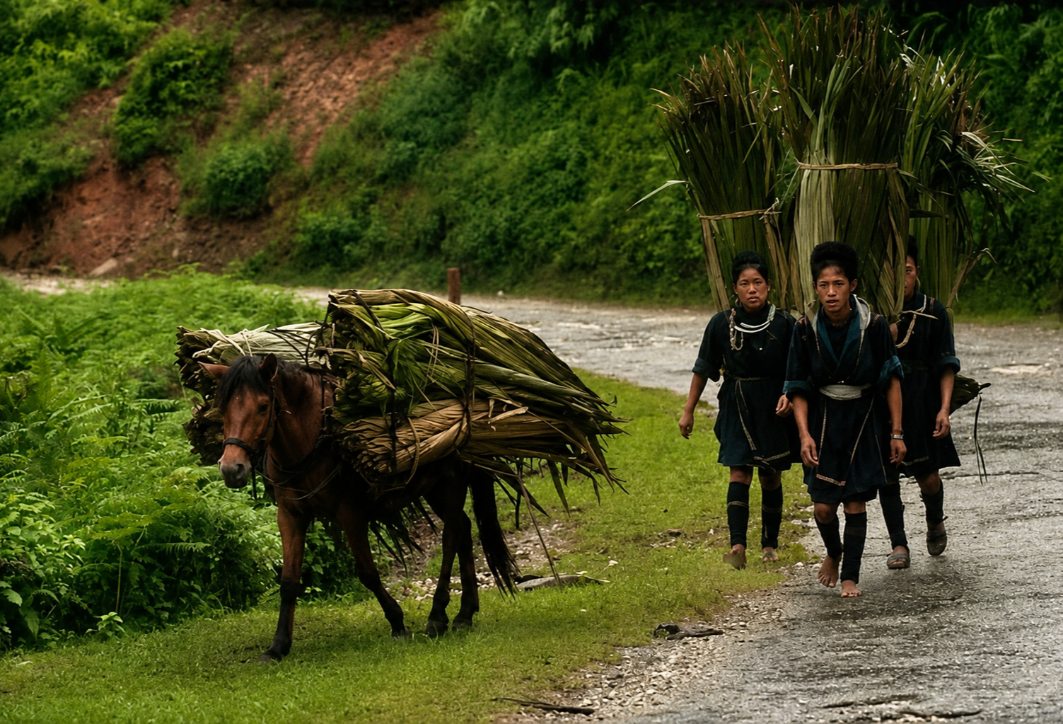 Photograph of Hmong women walking beside a mountain road with livestock and gathered fodder during the postwar isolation period in the Sapa highlands.