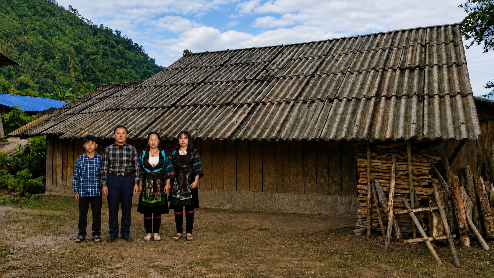 Lý Thị Pằng stands with three members of her family outside their wooden home in Pa Cheo, Bát Xát.