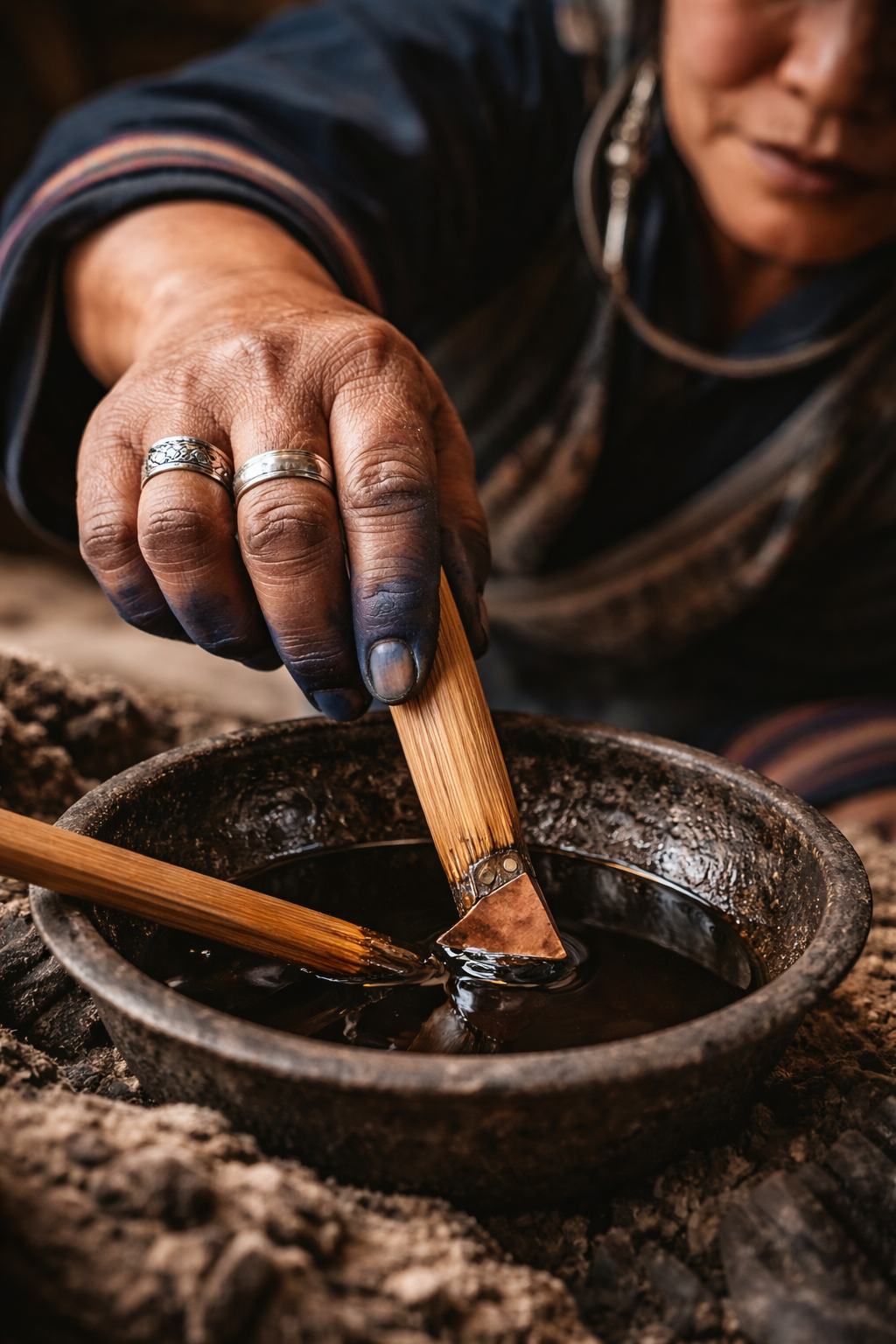 Hands holding traditional batik tools over a bowl of dark indigo dye, part of the Hmong wax-resist process in northern Vietnam.