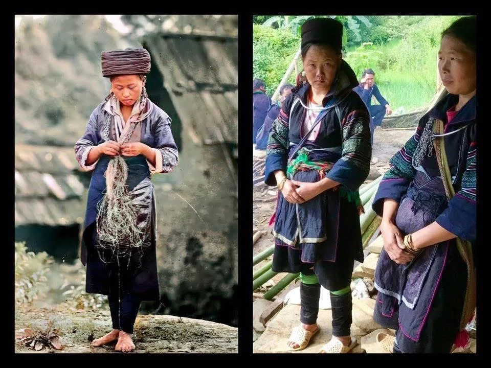 Hmong men showing clothing styles from earlier times compared with present day attire, photographed during daily rural activities.
