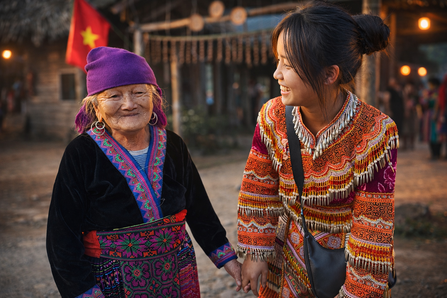 Two women from an ethnic minority community talking and smiling in a village in northern Vietnam.