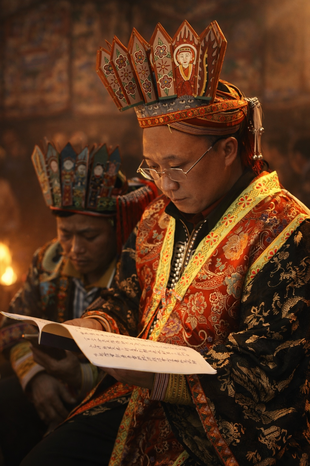 Red Dao ritual specialist wearing ceremonial attire and reading sacred texts during a Cấp Sắc initiation ceremony in Sa Pa, northern Vietnam.