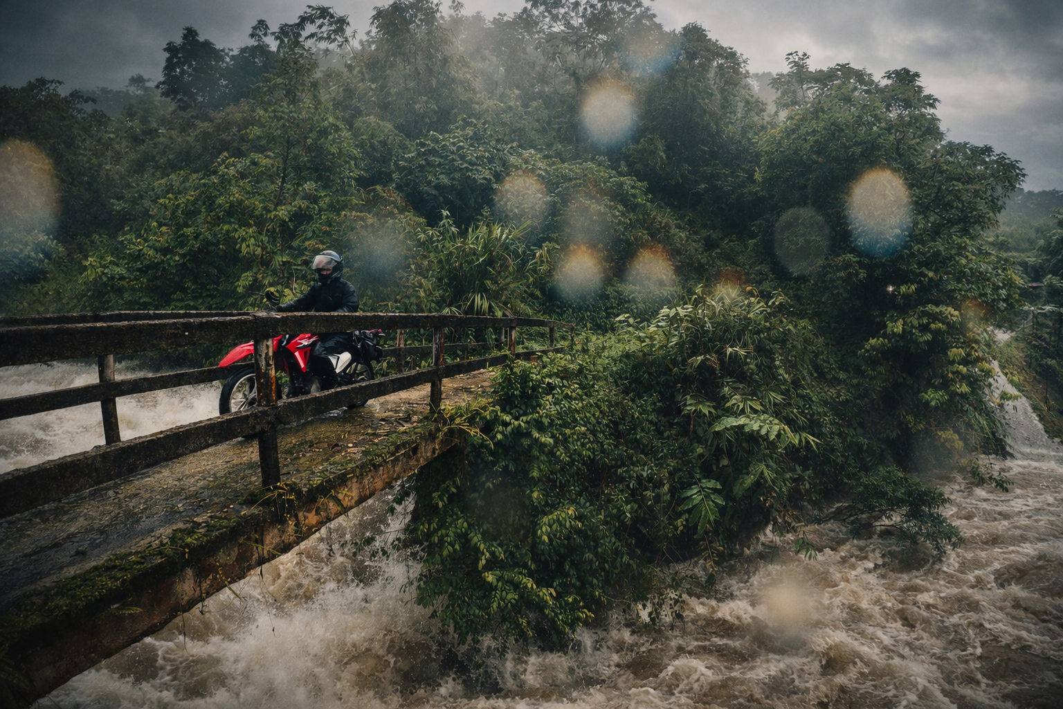 Motorbike rider crossing a bridge in Ha Giang, Vietnam during monsoon season with dramatic river and forest scenery.