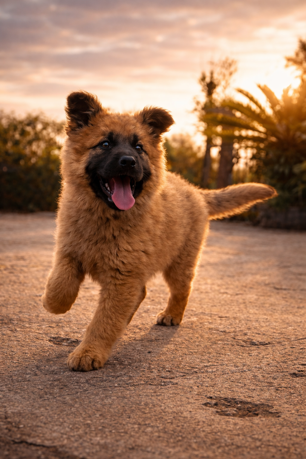 A fluffy mountain dog running energetically along a sunlit path in northern Vietnam.