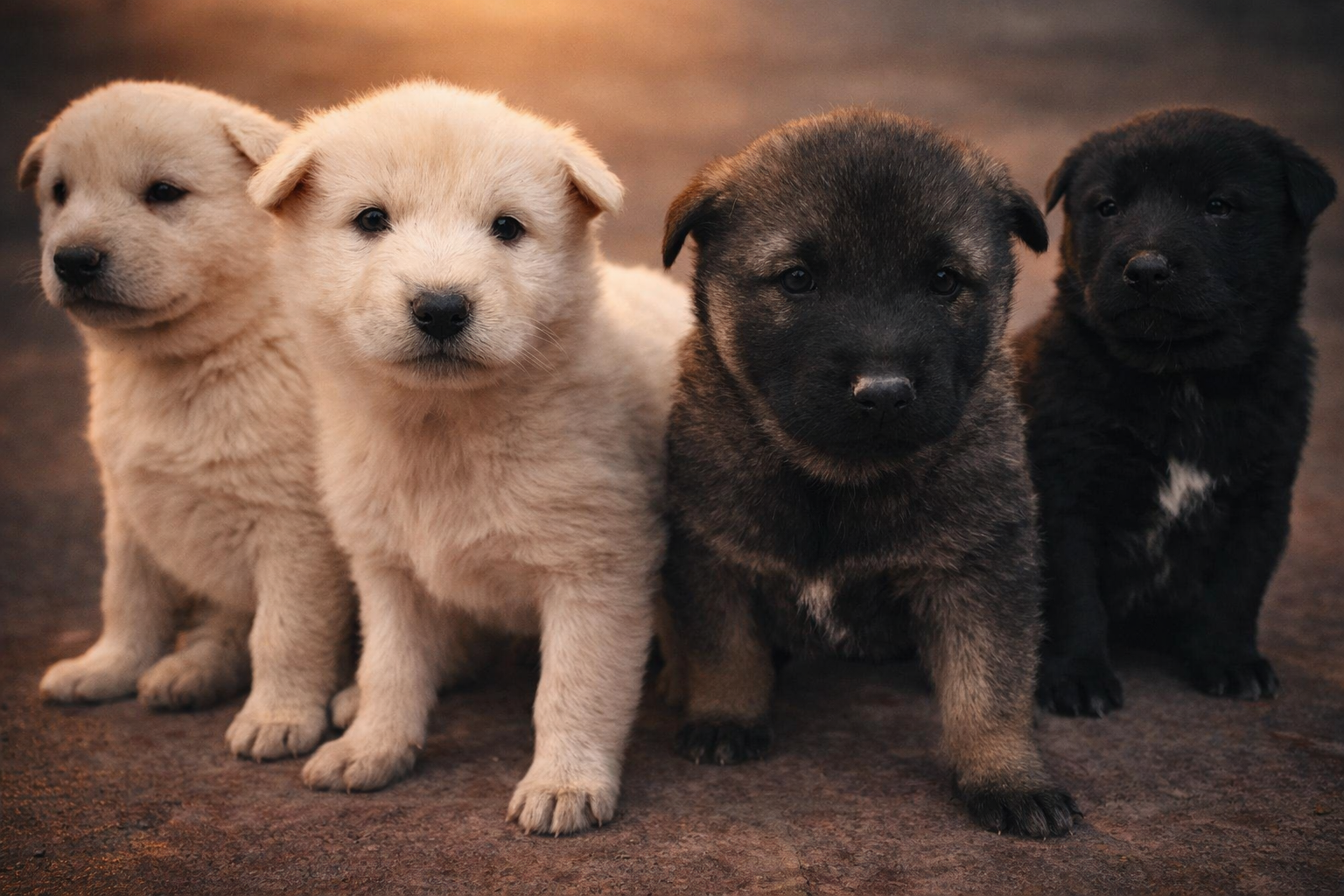 A group of young mountain dog puppies sitting together on a dirt ground in northern Vietnam.
