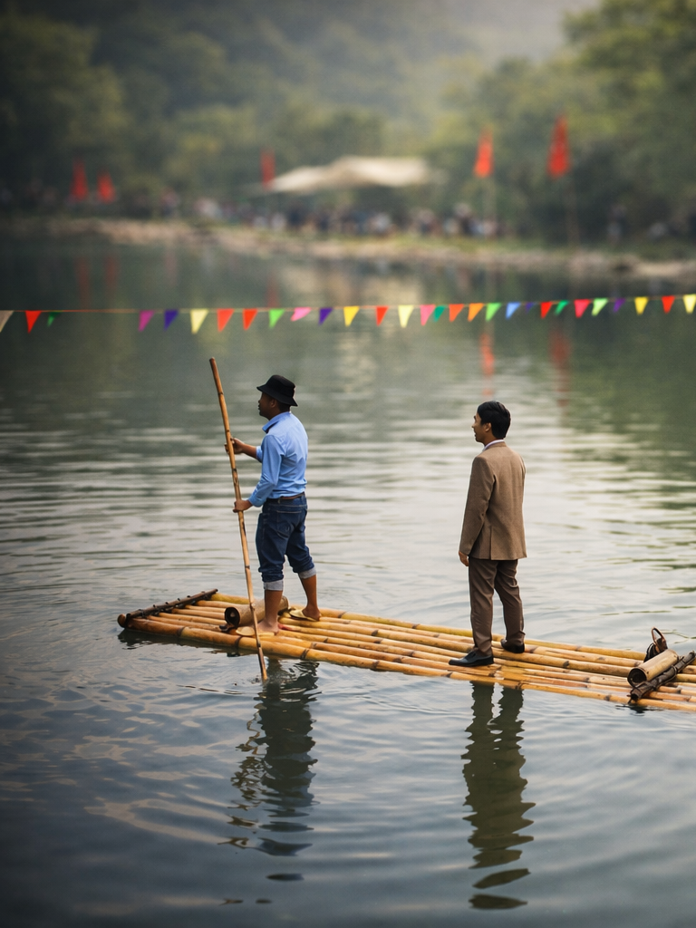 Two Lao men standing on a handmade bamboo raft in a calm river, taking part in festival activities that celebrate skill, balance, and connection to the water.