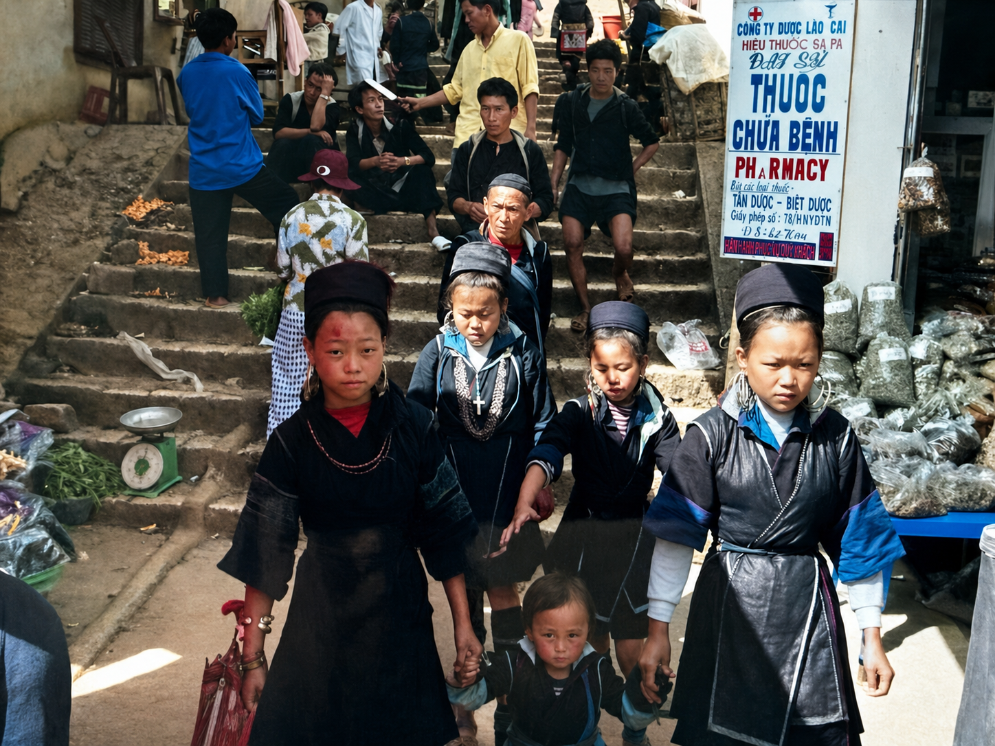 Hmong children at Sapa Market during the weekly market day in northern Vietnam in 1998.