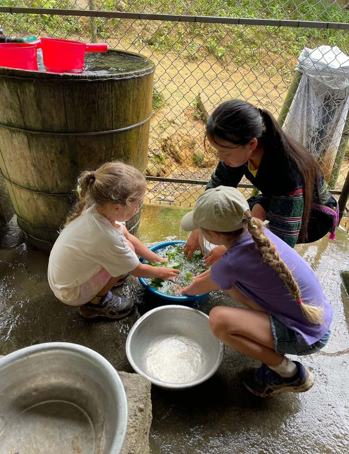 Children washing vegetables outdoors during cooking activity