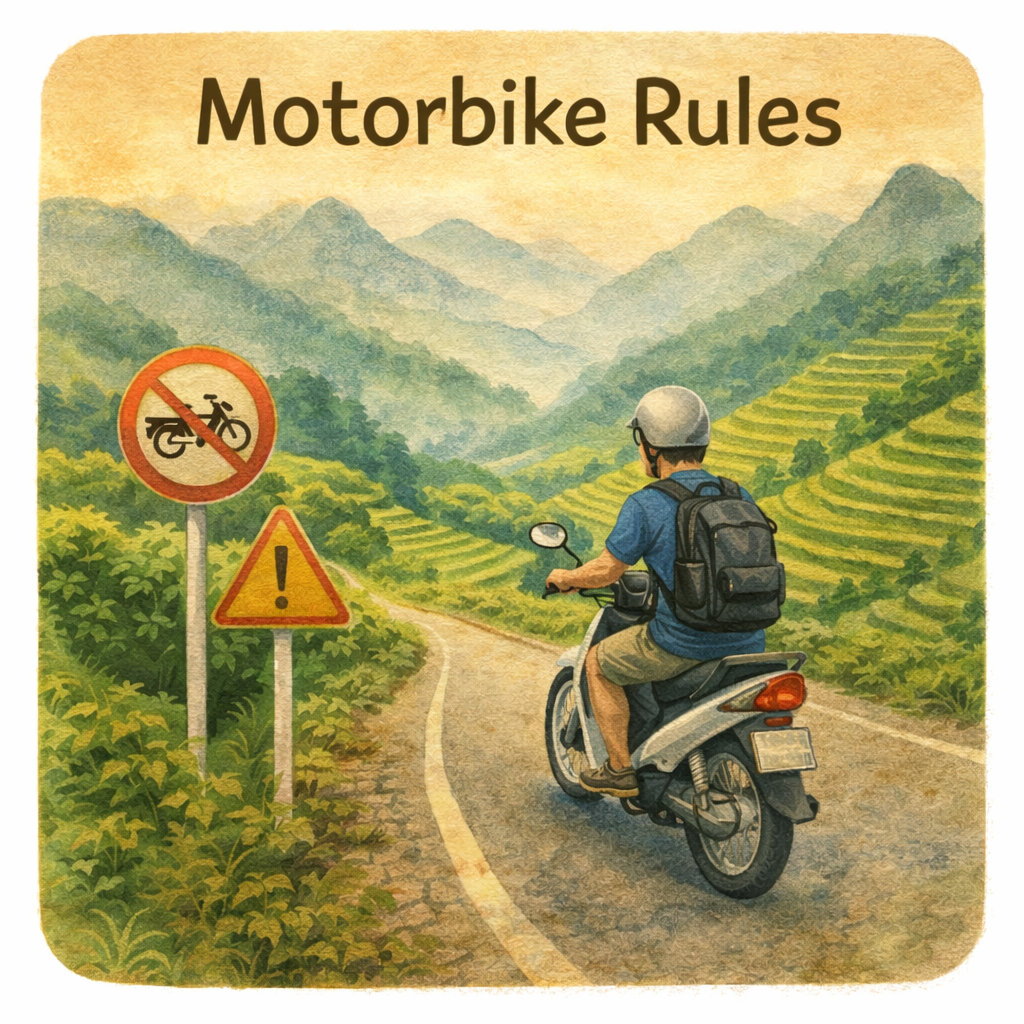 A person riding a motorcycle on a winding mountain road with a backpack and helmet, surrounded by green hills and mountains in the background, with signs indicating no bicycles and a caution warning.