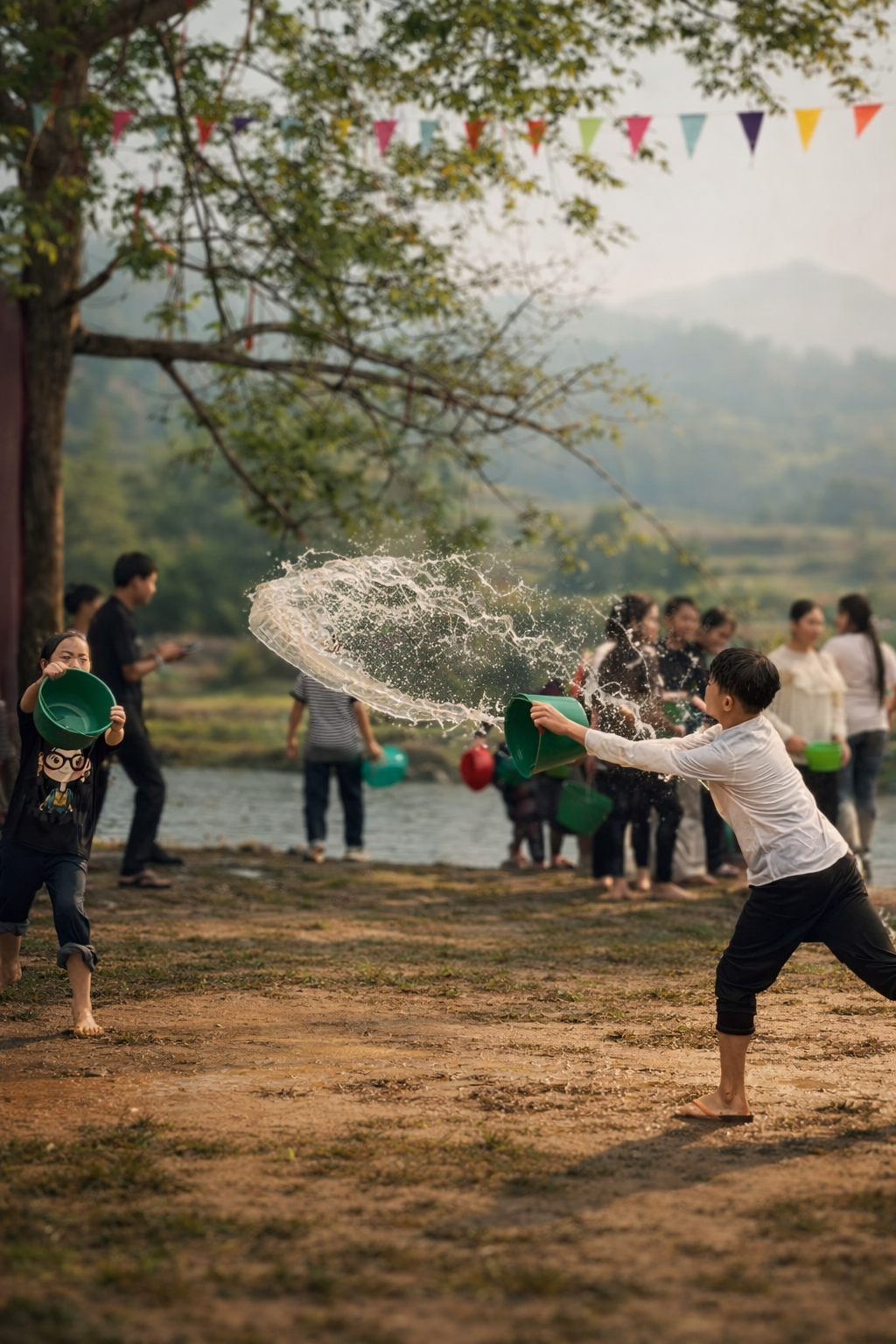 Young Lao villagers playfully splashing water with buckets by a riverside during the Bun Vốc Nặm festival in Lai Châu, as laughter and movement bring the spring celebration to life.