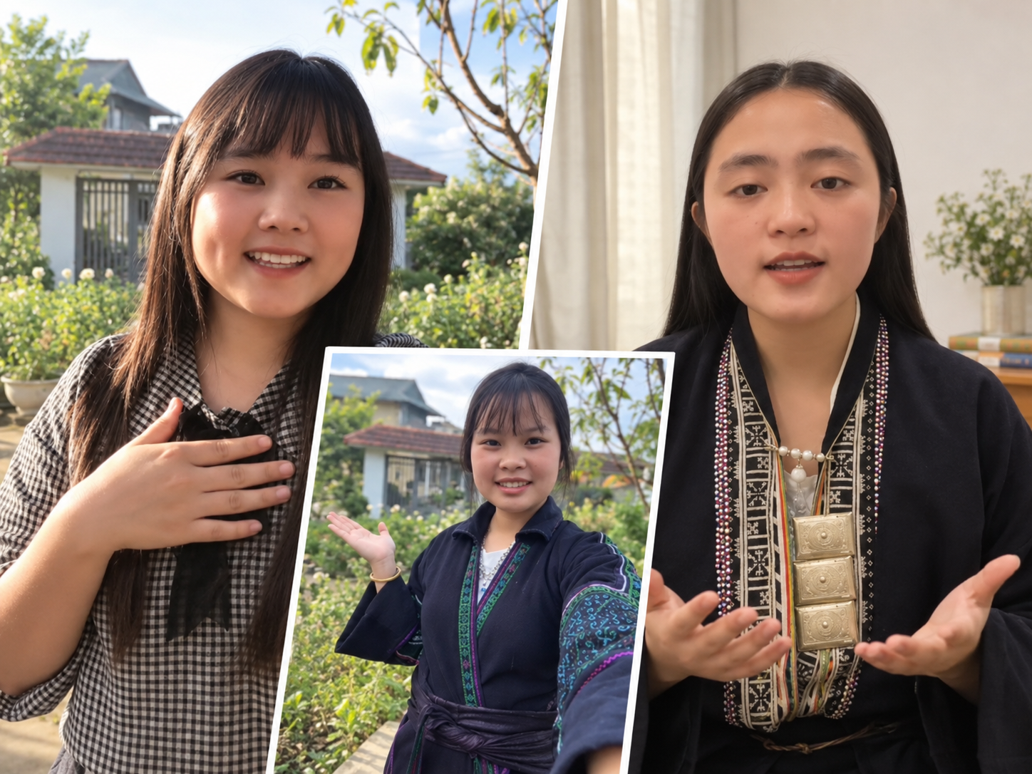 Three women of Asian descent, two outdoors and one indoors, engaging in a cultural or festive activity, wearing traditional attire and jewelry, with greenery and houses in the background.