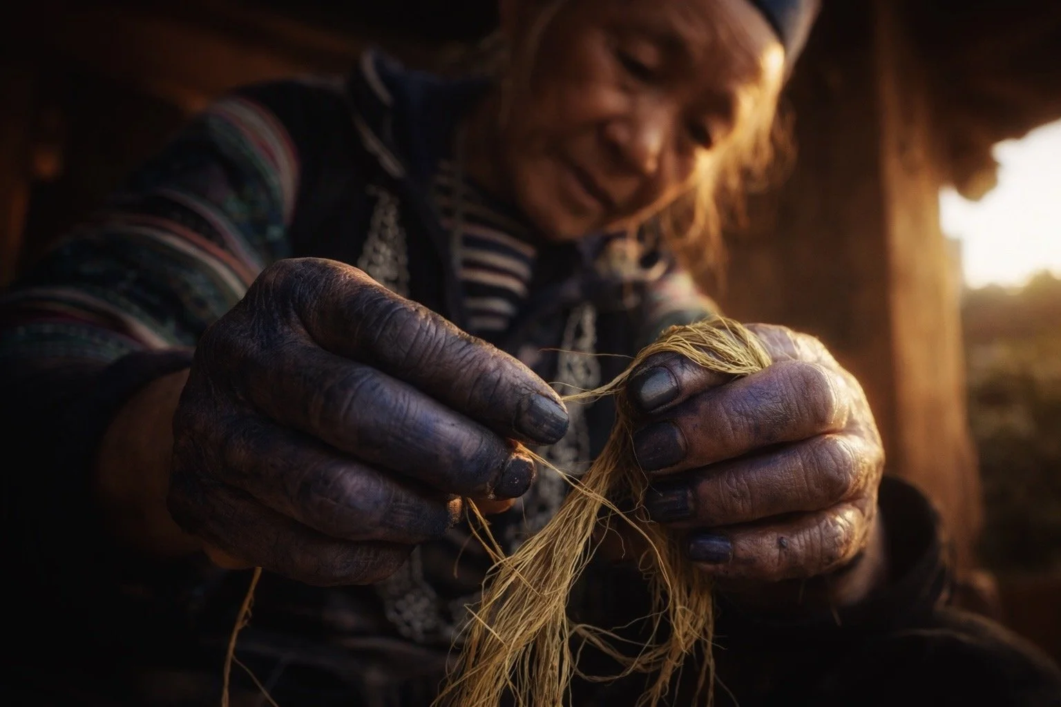 Close-up of a Hmong artisan's hands separating natural hemp fibers, showing traditional textile preparation in a mountain village in Sapa. Vietnam.
