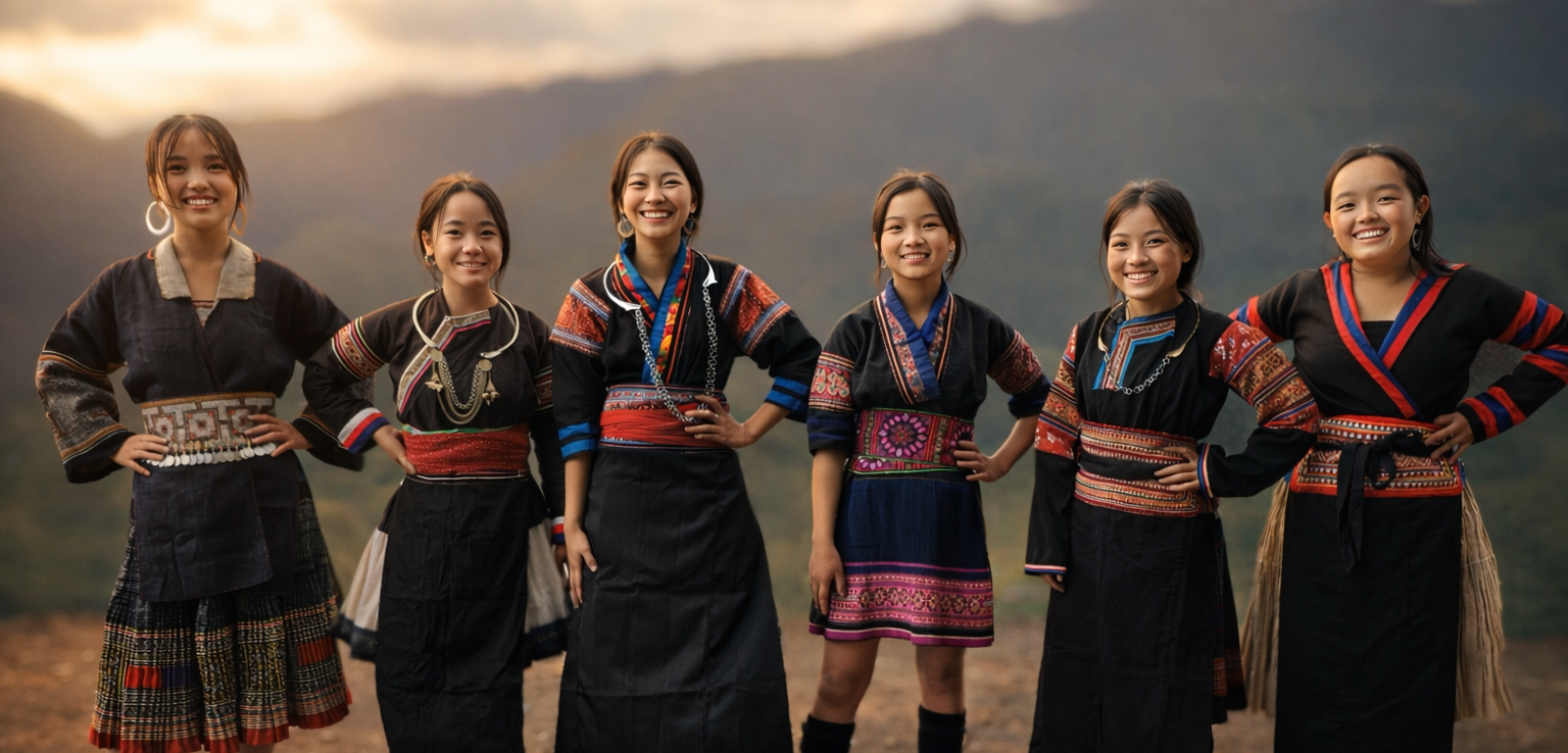Group of six women wearing traditional ethnic dresses standing outdoors in a line, with mountains in the background.