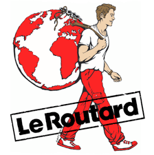 Young man walking with a large globe of the Earth on his back and a sign that reads 'Le Routard'