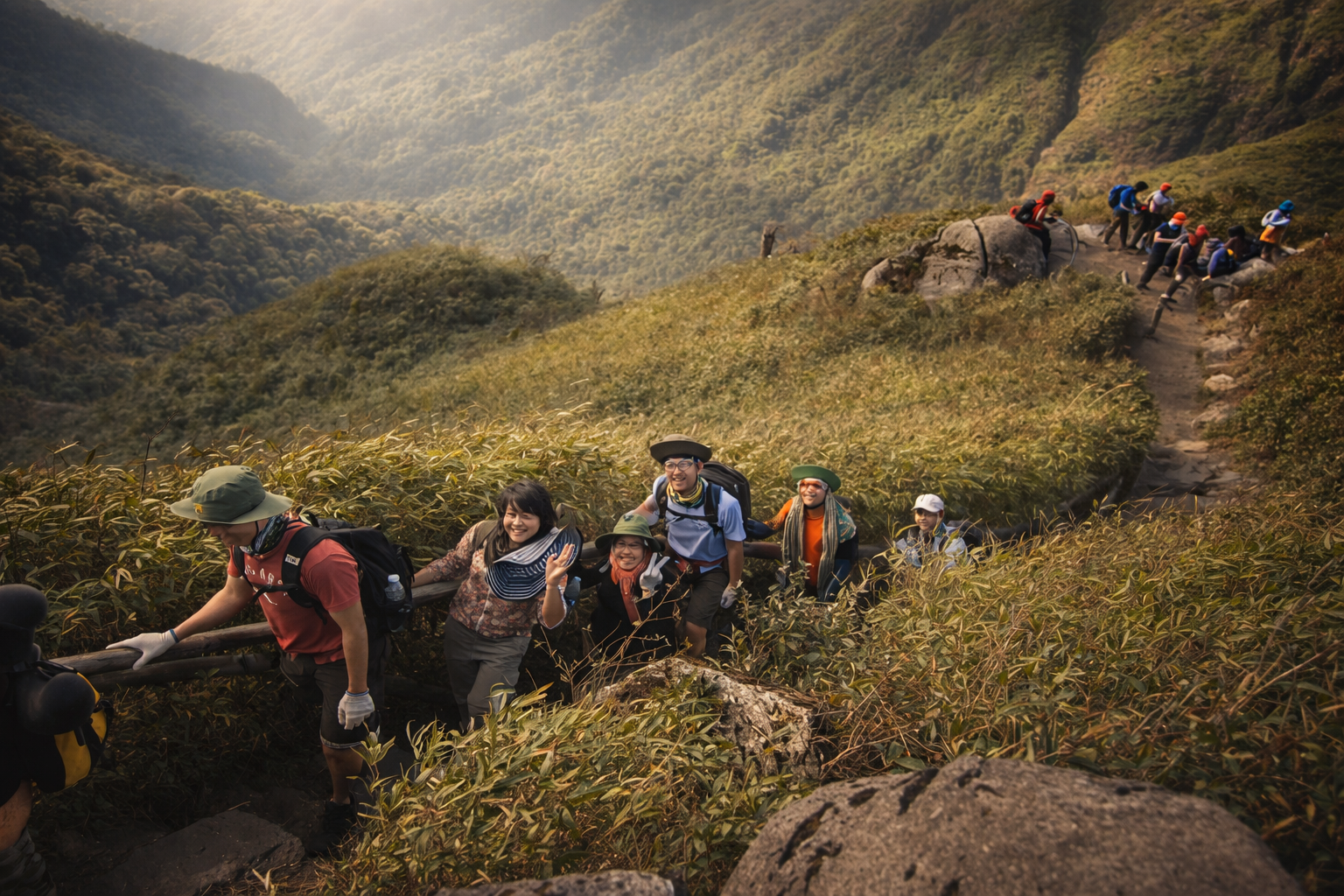 Group of trekkers hiking through open mountain terrain in Sapa with expansive valley views