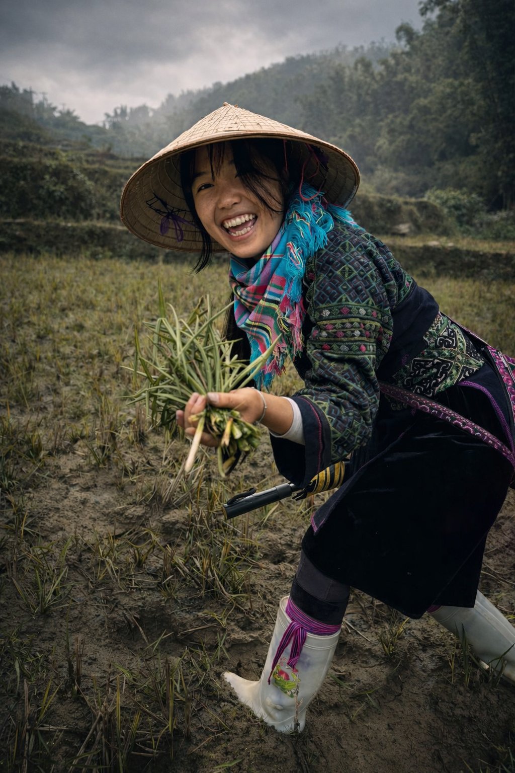 Hmong woman smiling while harvesting fresh herbs in muddy rice terraces in Sapa, Vietnam