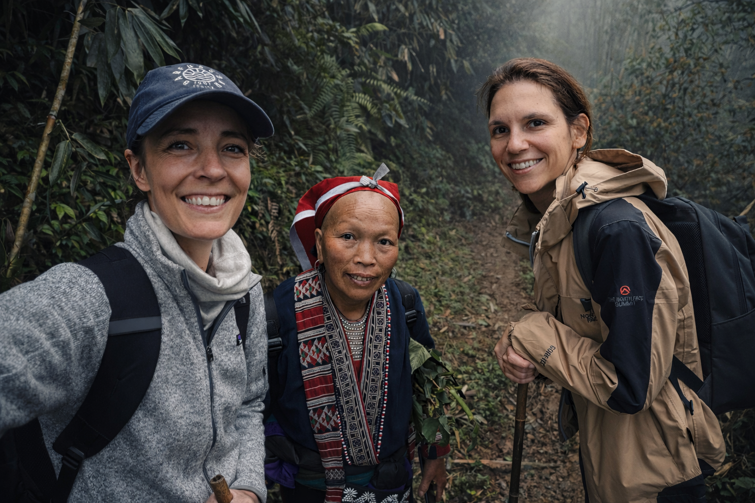 Travelers smiling with a local ethnic guide during a trekking experience in Sapa village