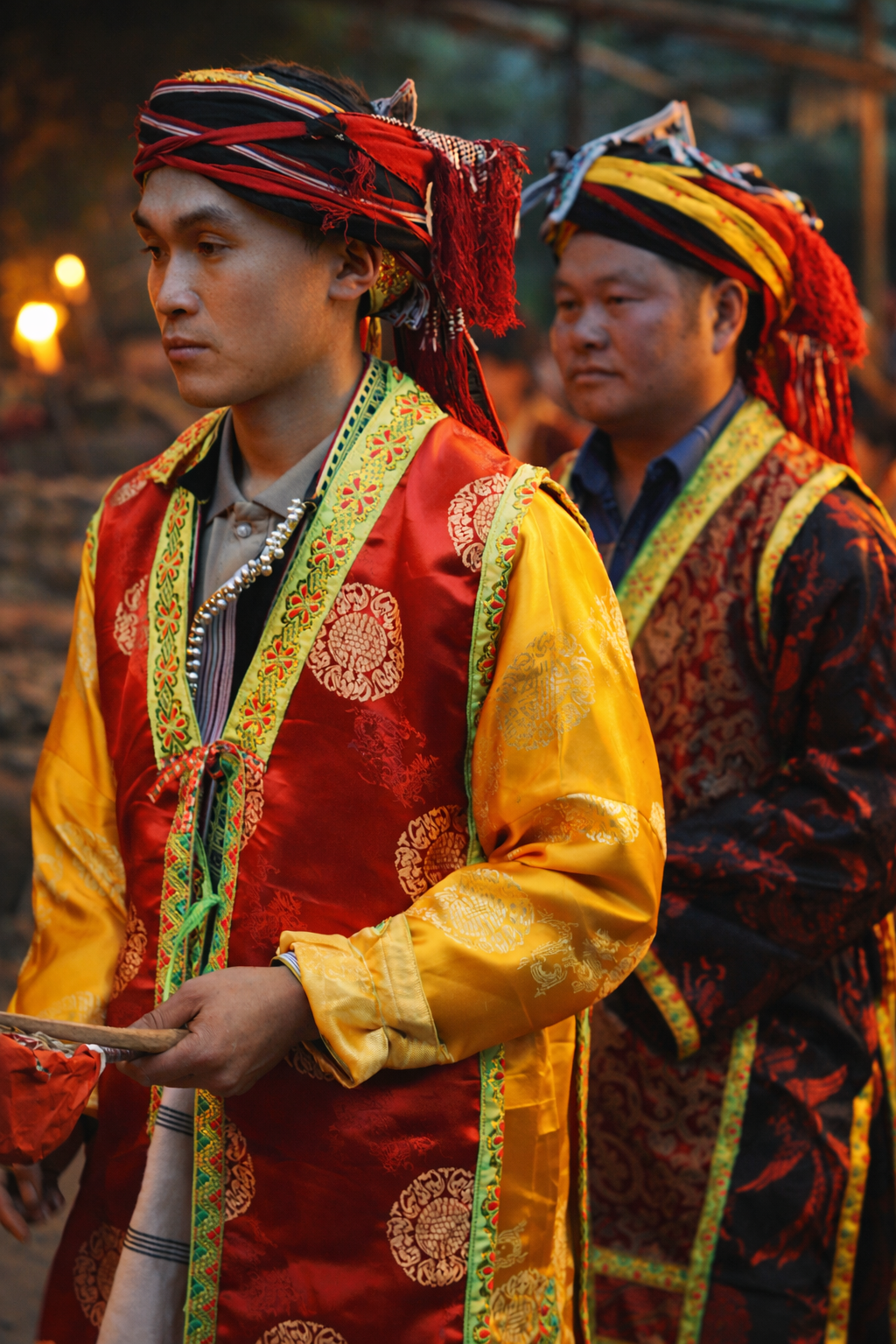 Red Dao participants dressed in traditional ceremonial clothing during a Cấp Sắc initiation ritual in Sa Pa, Vietnam.