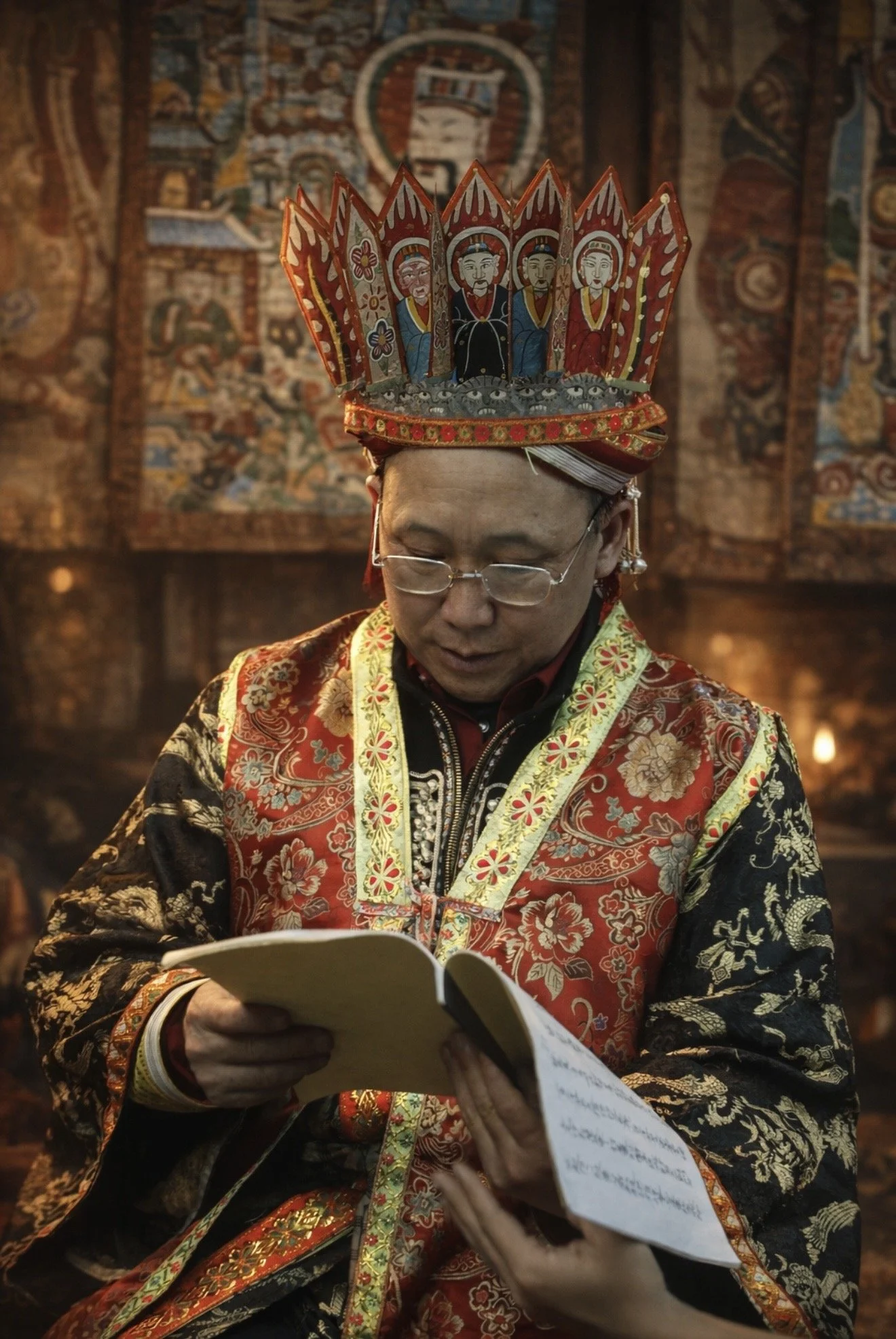 Red Dao ritual master reading from a handwritten ceremonial manuscript during a traditional religious ceremony in northern Vietnam.