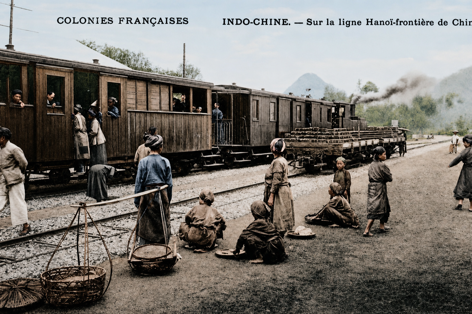 Historical photograph of a wooden train travelling the Hanoi to Lào Cai railway route during the French colonial period in northern Vietnam.